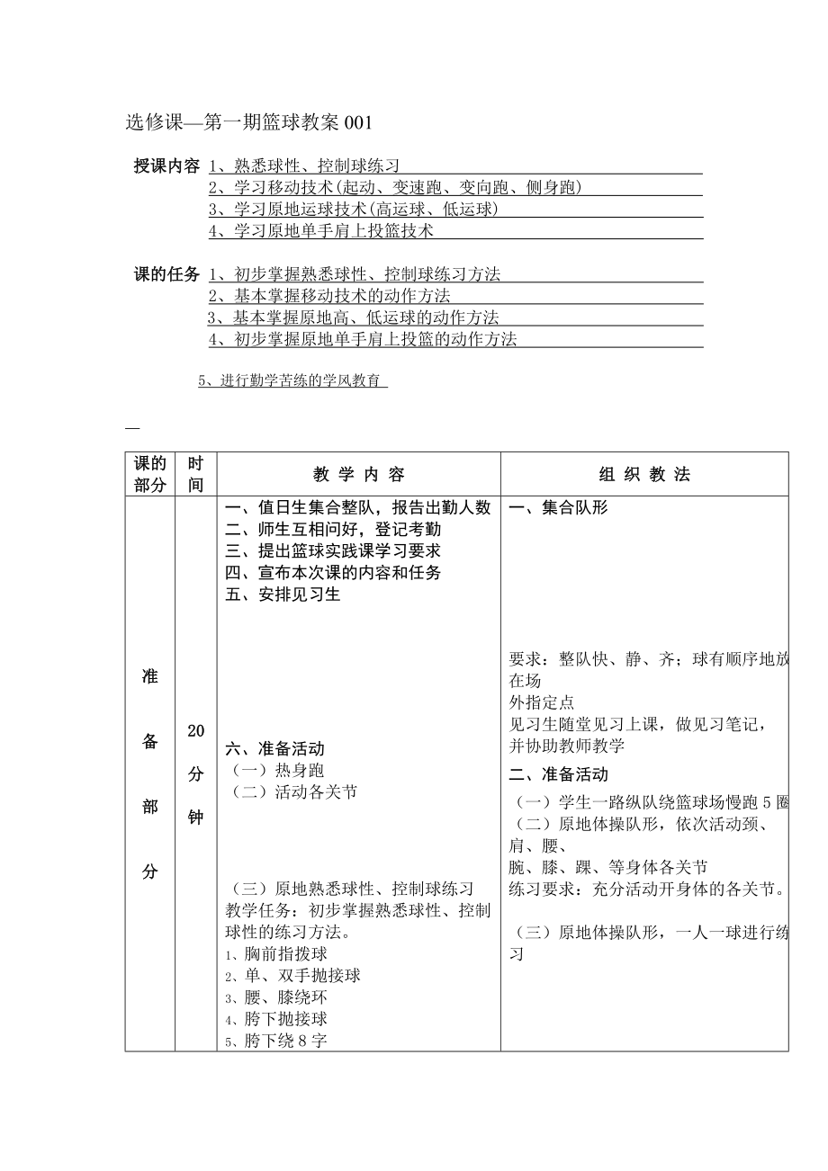 第二学期篮球选修课教案1_第1页