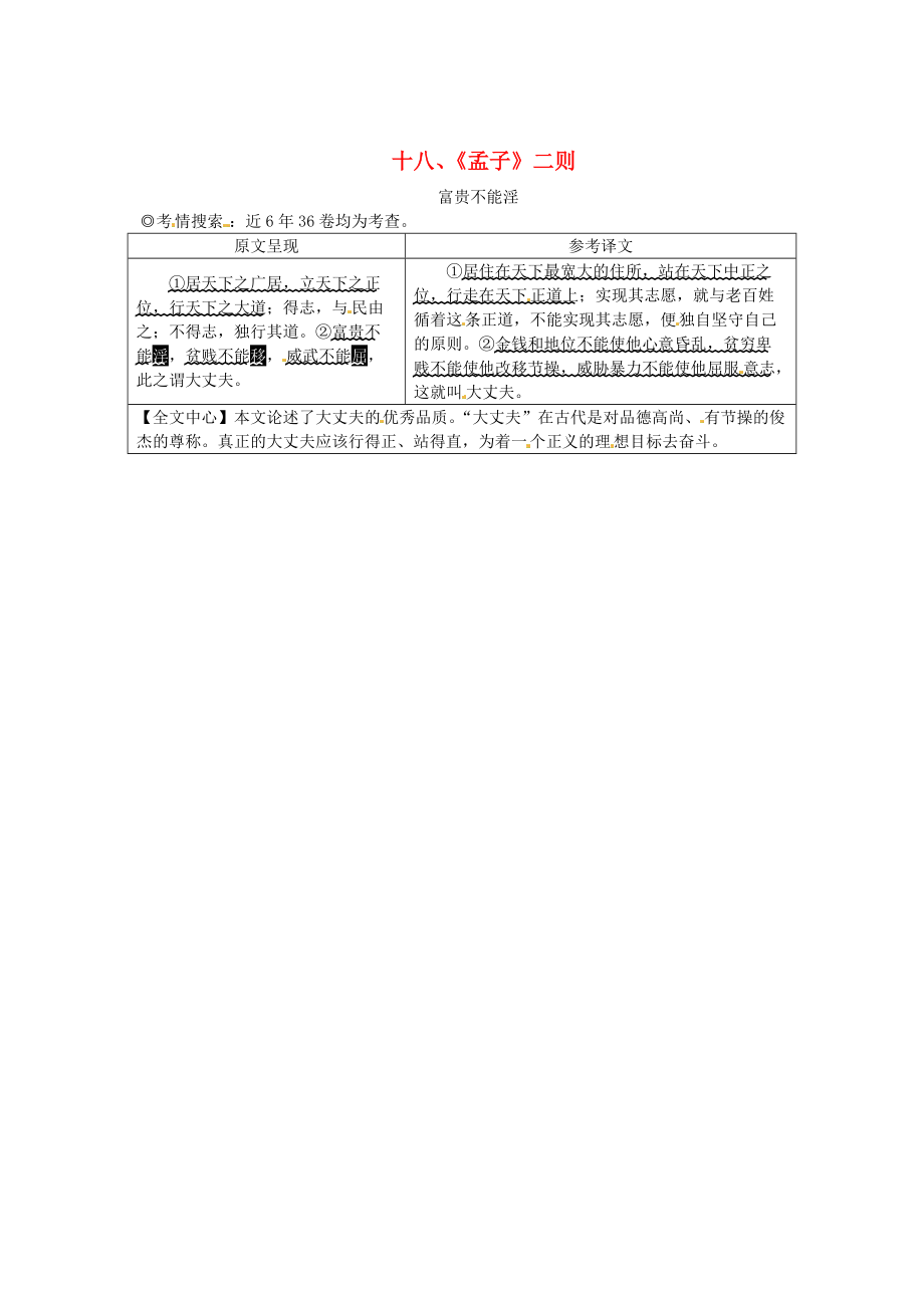 湖南中考語(yǔ)文 古詩(shī)文閱讀專(zhuān)題一文言文閱讀十八孟子二則富貴不能淫素材語(yǔ)文_第1頁(yè)