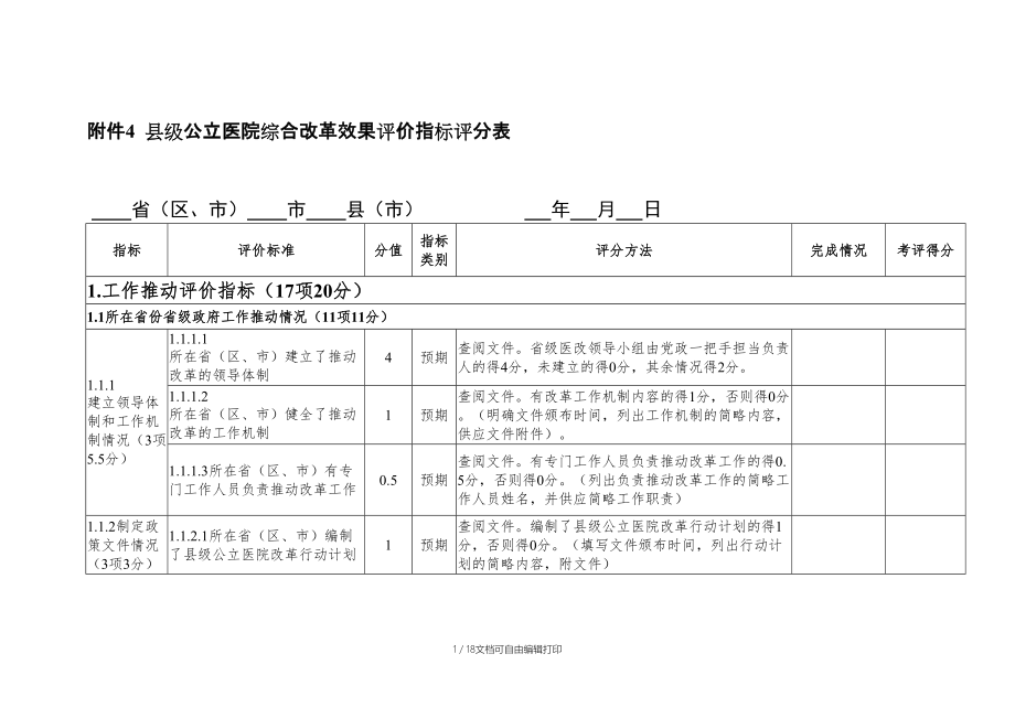 公立医院综合改革效果指标评分表_第1页