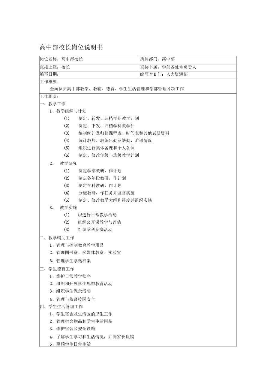 高中部校长岗位说明书_第1页