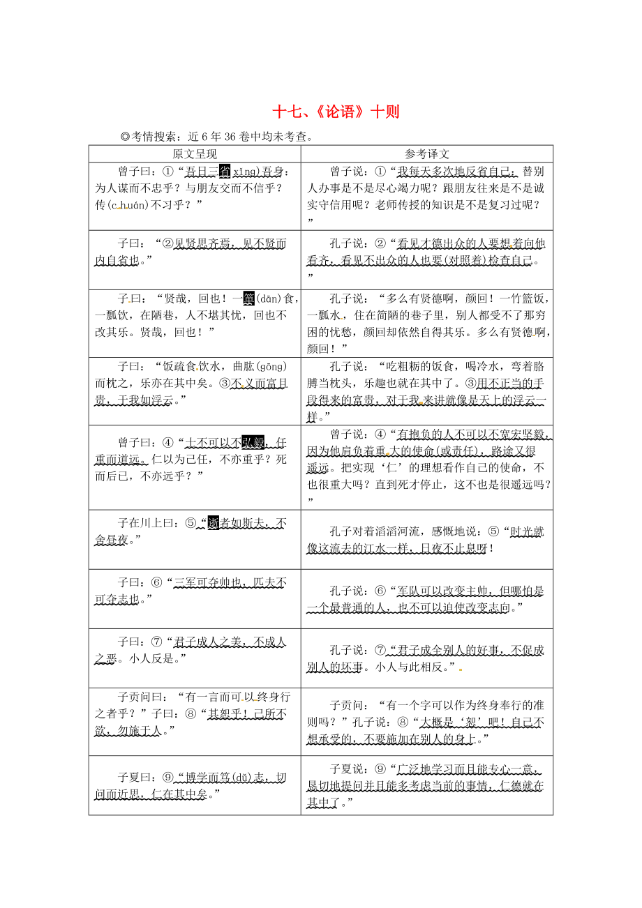 湖南中考語文 古詩文閱讀專題一文言文閱讀十七論語十則素材語文版_第1頁