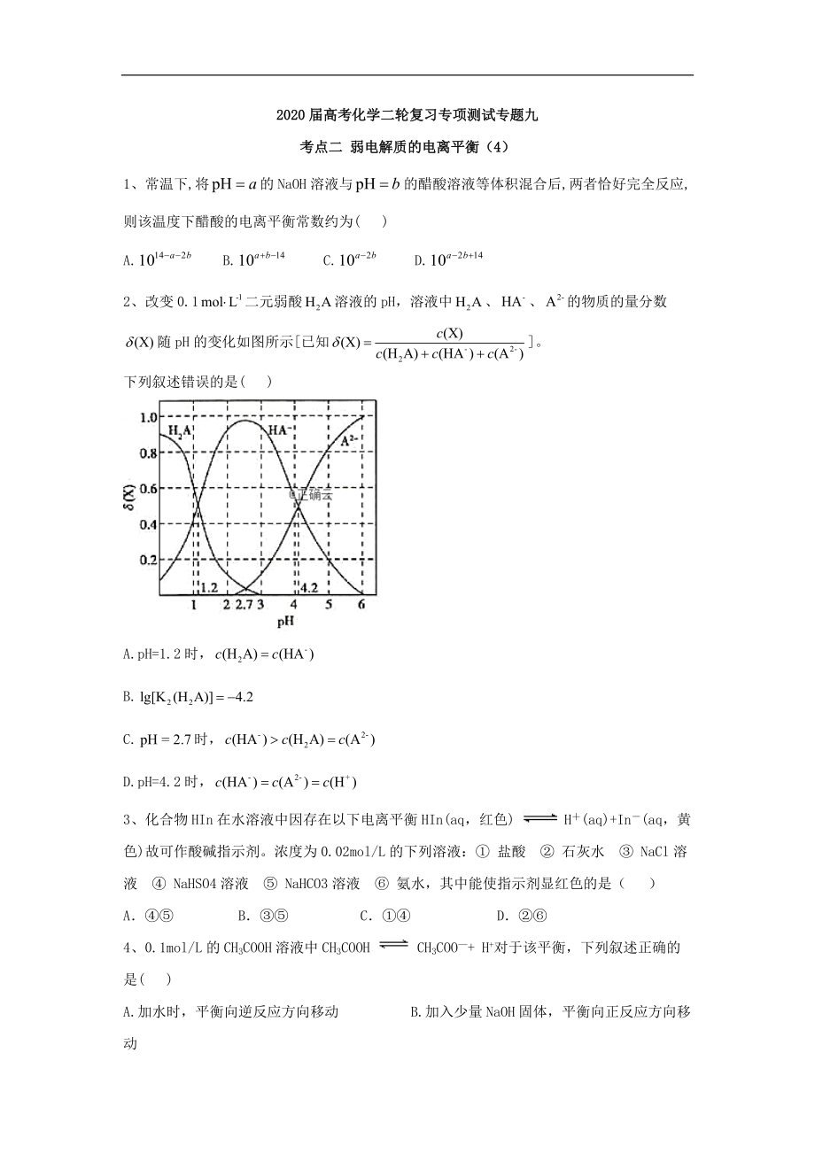 高考化學(xué)二輪復(fù)習(xí)專項(xiàng)測(cè)試：專題九 考點(diǎn)二 弱電解質(zhì)的電離平衡 4含解析_第1頁(yè)