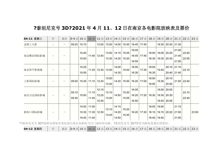 泰坦尼克D在南京各电影院放映表及票价_第1页