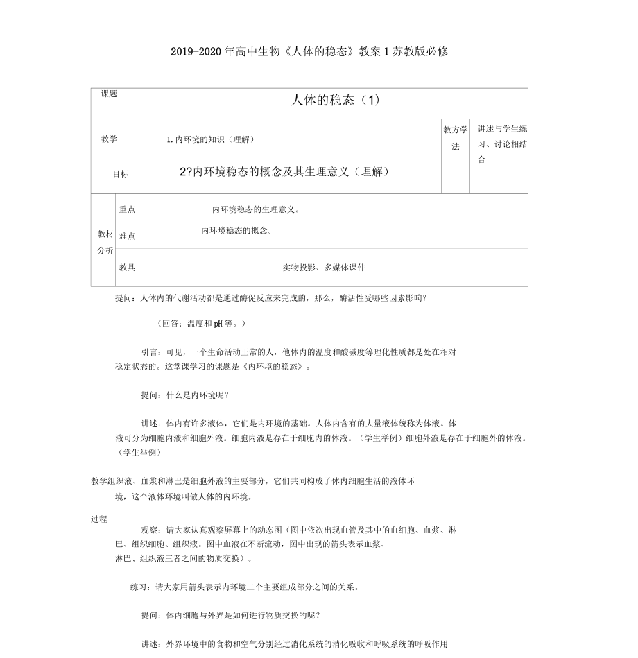 2019-2020年高中生物《人體的穩(wěn)態(tài)》教案1蘇教版必修3_第1頁