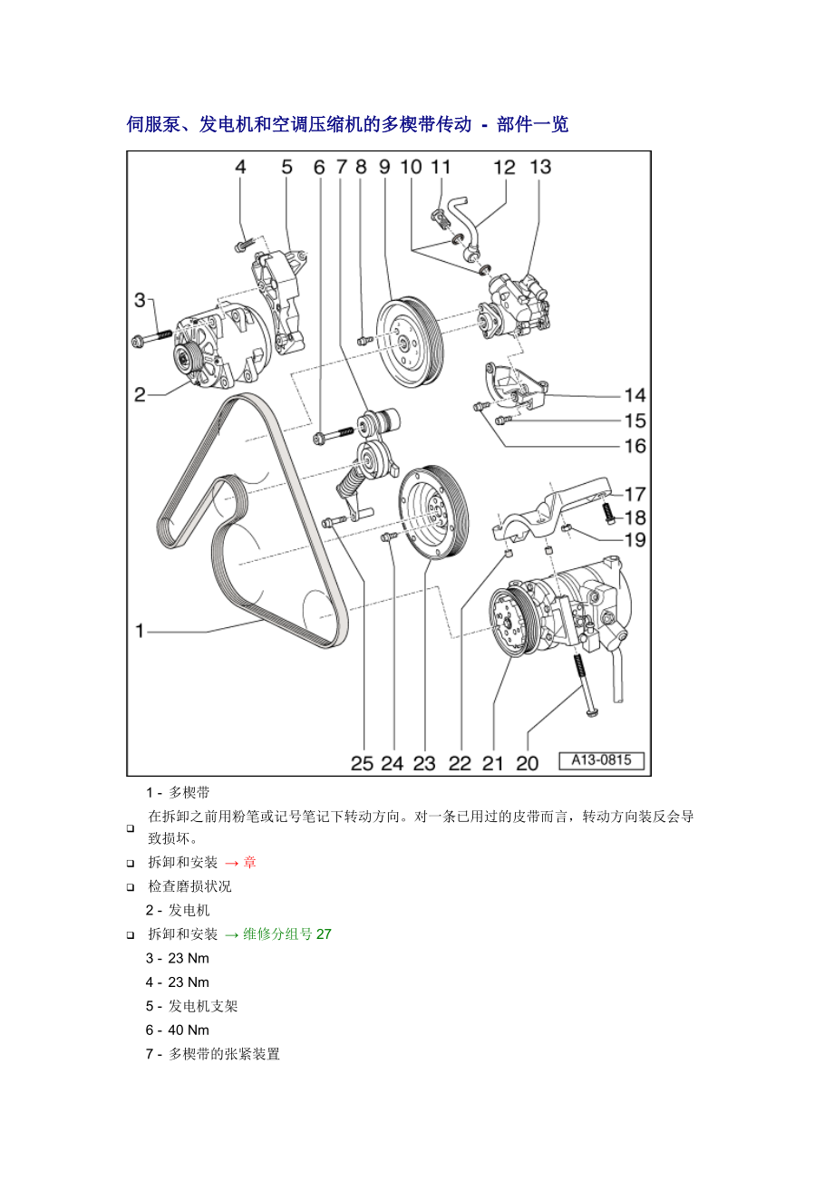 新奧迪A6L C6維修資料：伺服泵、發(fā)電機(jī)和空調(diào)壓縮機(jī)的多楔帶傳動(dòng) - 部件一覽_第1頁(yè)