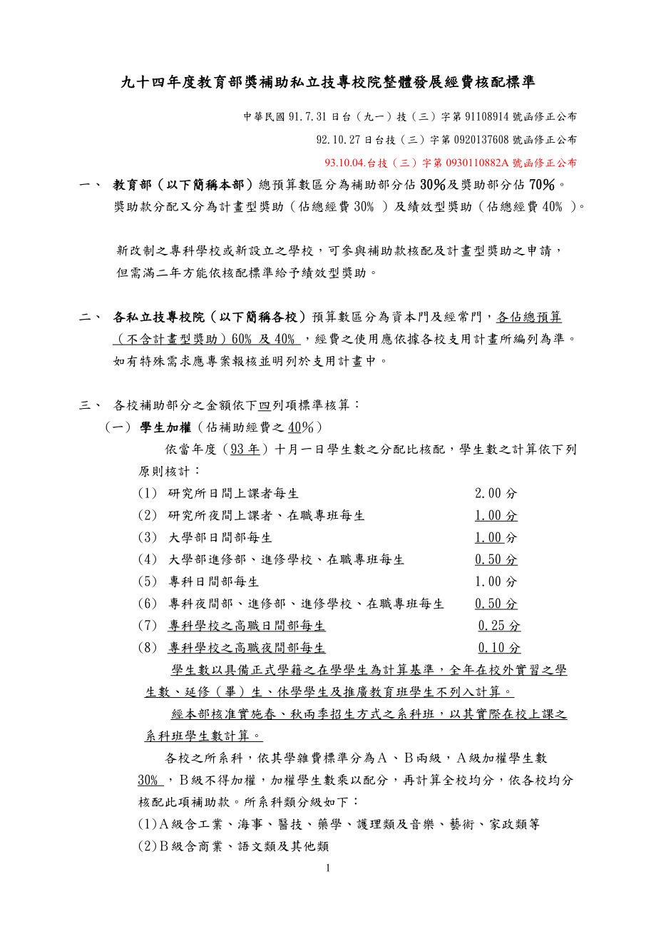 九十四年度教育部奖补助私立技专校院整体发展经费核配..._第1页