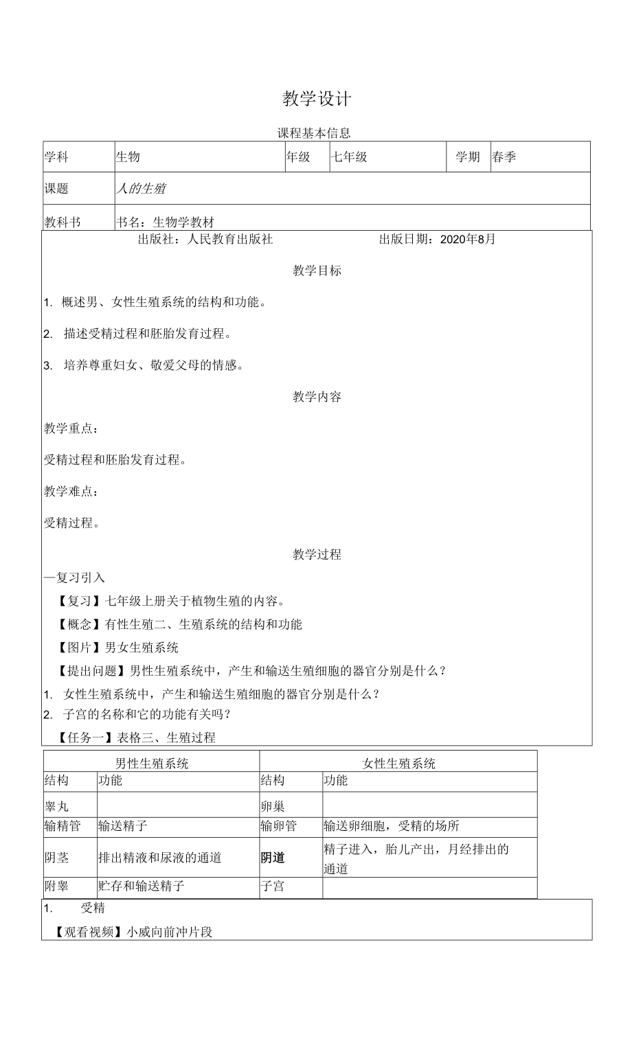 人教版七年級下冊生物學(xué) 人的生殖 教案 教學(xué)設(shè)計.docx_第1頁