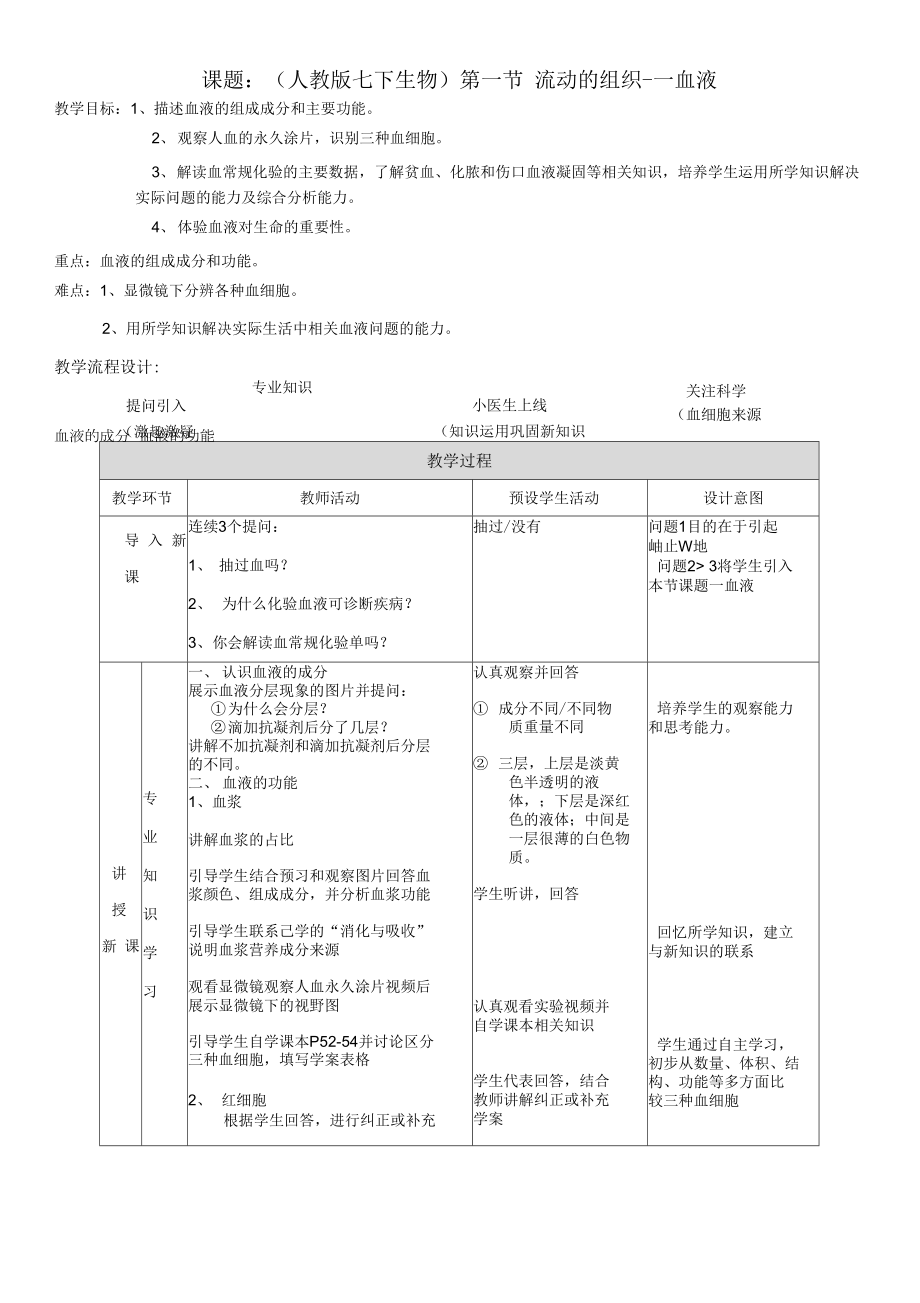 人教版七年級下冊生物學(xué) 流動的組織 血液 教案.docx_第1頁