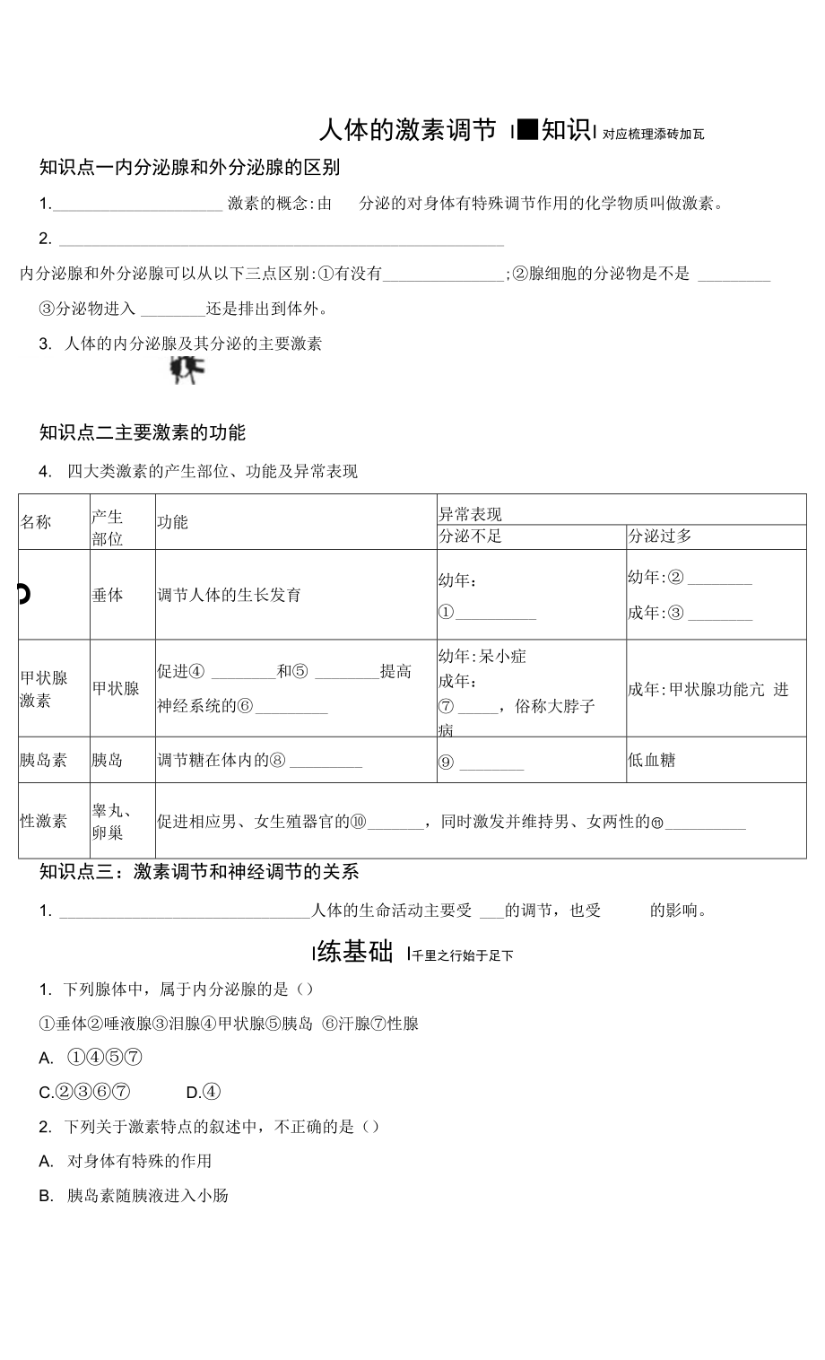 人教版七年級下冊生物學(xué) 《人體的激素調(diào)節(jié)》導(dǎo)學(xué)案.docx_第1頁