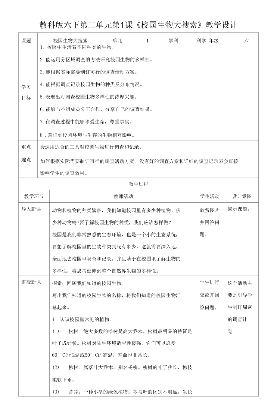 教科版六下第二單元第1課《校園生物大搜索》教案.docx_第1頁