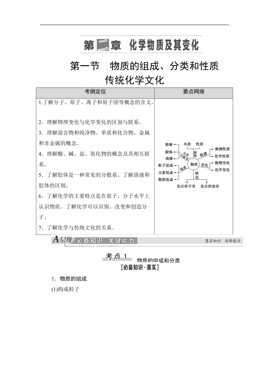 高三化学人教版一轮教师用书：第2章 第1节 物质的组成、分类和性质 传统化学文化 Word版含答案_第1页