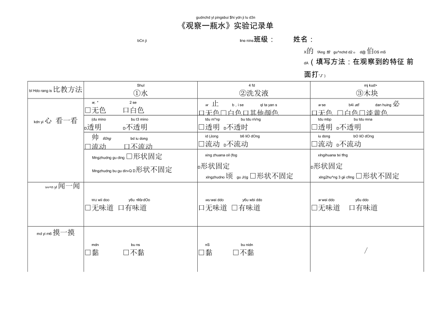 教科版科學一年級下冊 《觀察一瓶水》實驗記錄單.docx_第1頁