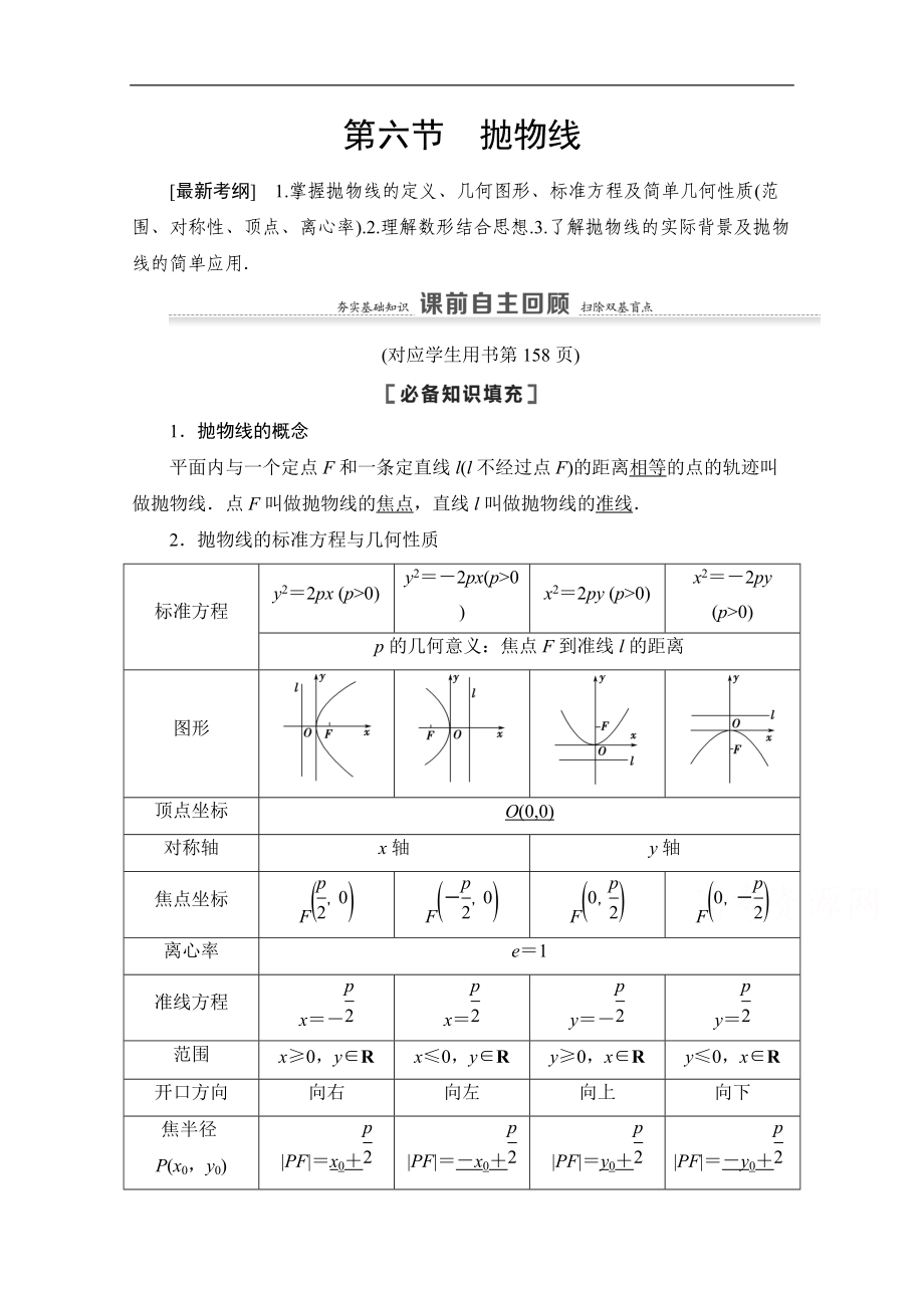 高三數(shù)學(xué)北師大版文一輪教師用書：第9章 第6節(jié)　拋物線 Word版含解析_第1頁