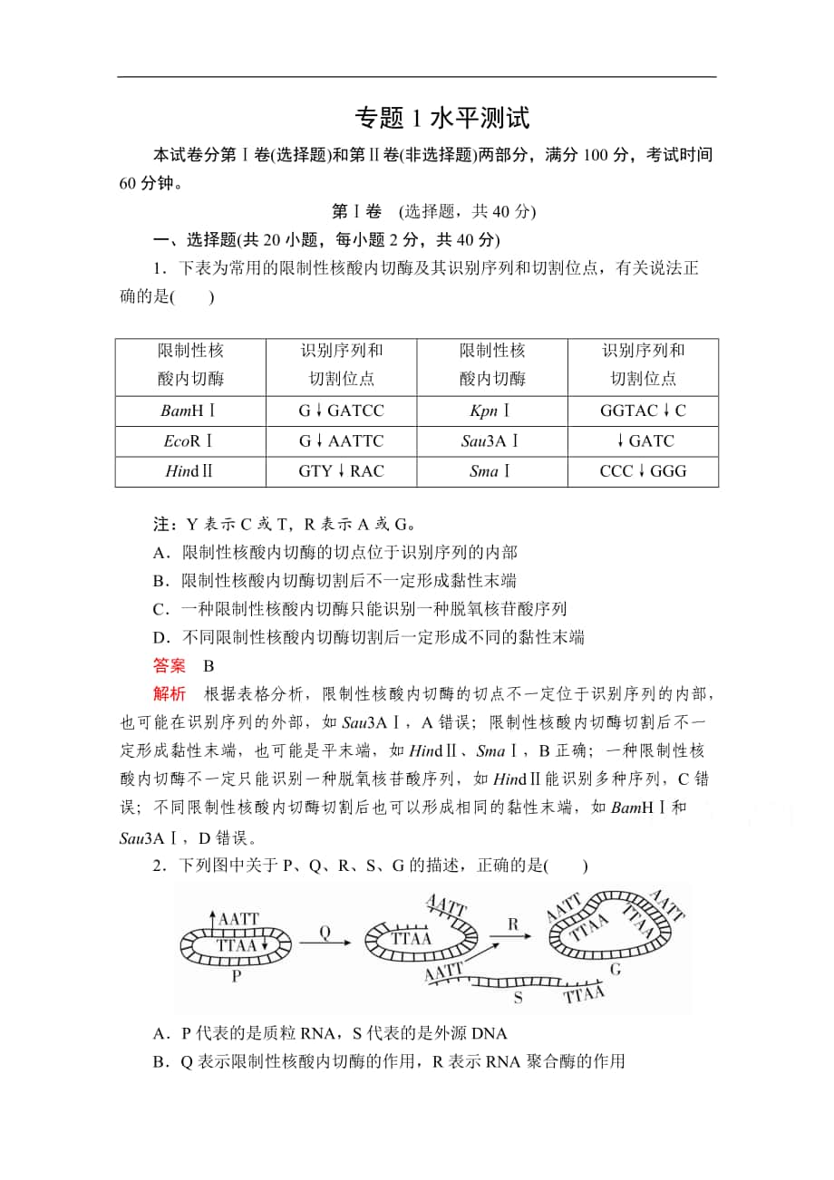 生物人教版選修3檢測(cè)：專題1　基因工程 水平測(cè)試 Word版含解析_第1頁(yè)