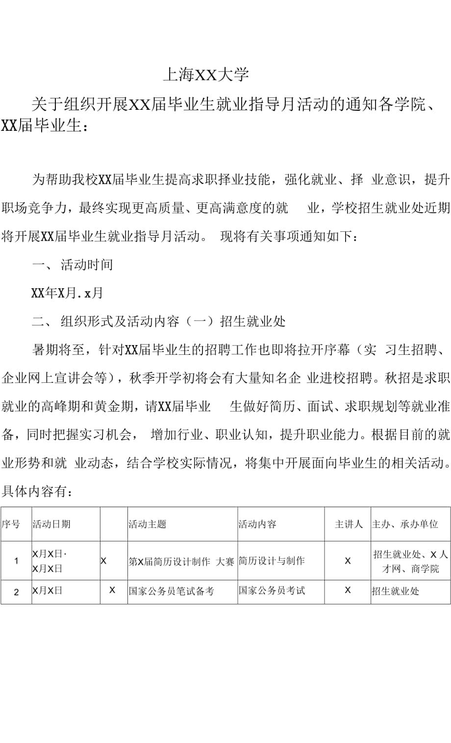 上海XX大学关于组织开展XX届毕业生就业指导月活动的通知.docx_第1页