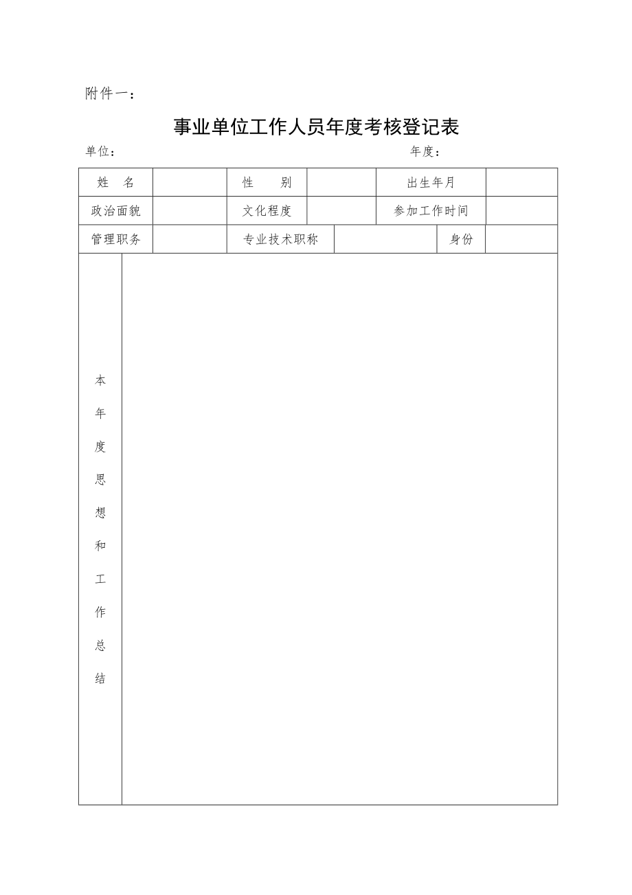 附件一附件一事业单位工作人员考核登记表单位姓名性别出生年月政治面貌文化程度参加工作时间管理职务专业技术职称身份本思想和工作总结主考管核领等_第1页