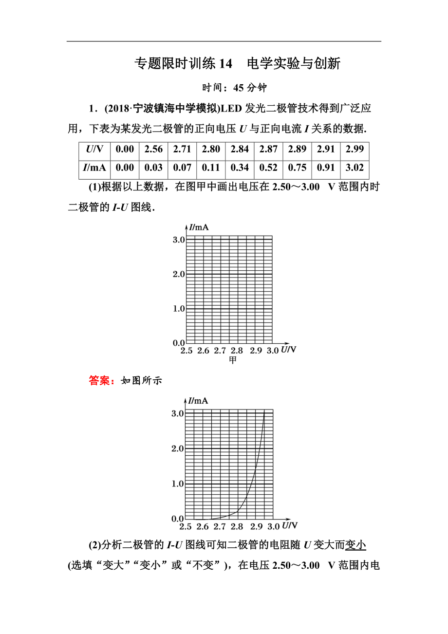 高中物理二輪復(fù)習(xí)專題限時(shí)訓(xùn)練：14 電學(xué)實(shí)驗(yàn)與創(chuàng)新 Word版含解析_第1頁(yè)