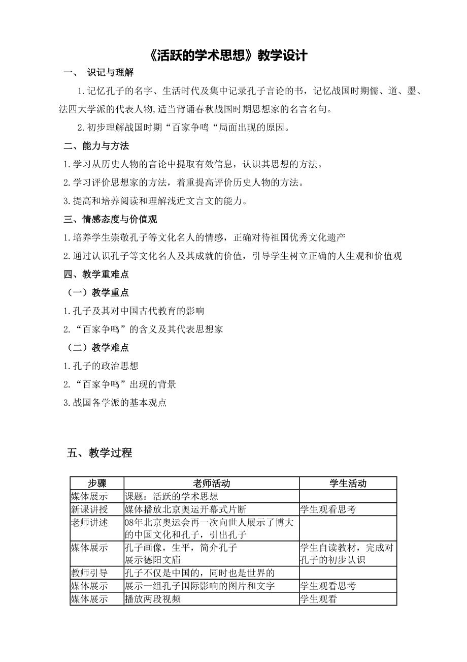 《活躍的學術思想》政治教學設計_第1頁