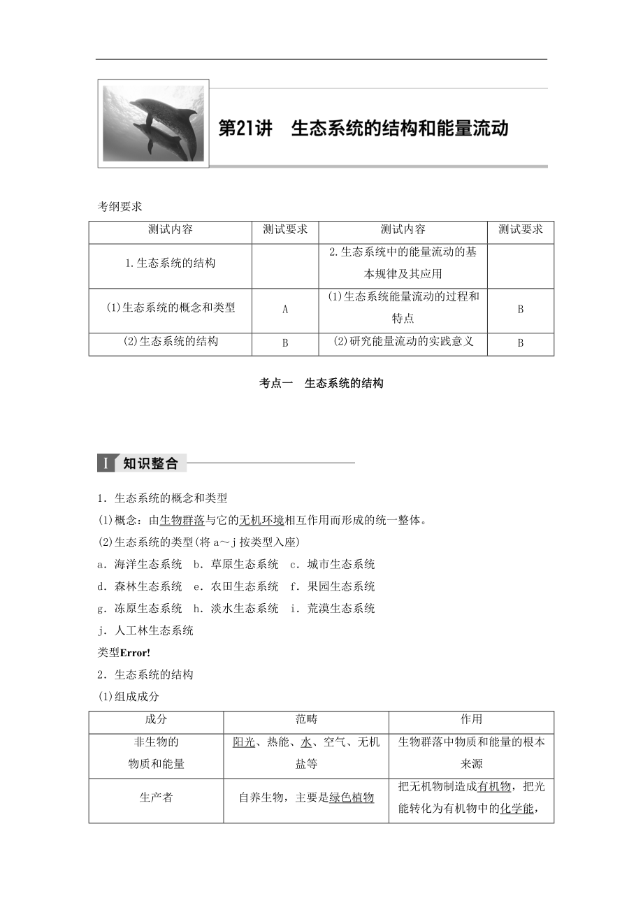 江苏小高考生物讲练稿知识整合考题探究专题训练：第21讲 生态系统的结构和能量流动 Word版含答案_第1页