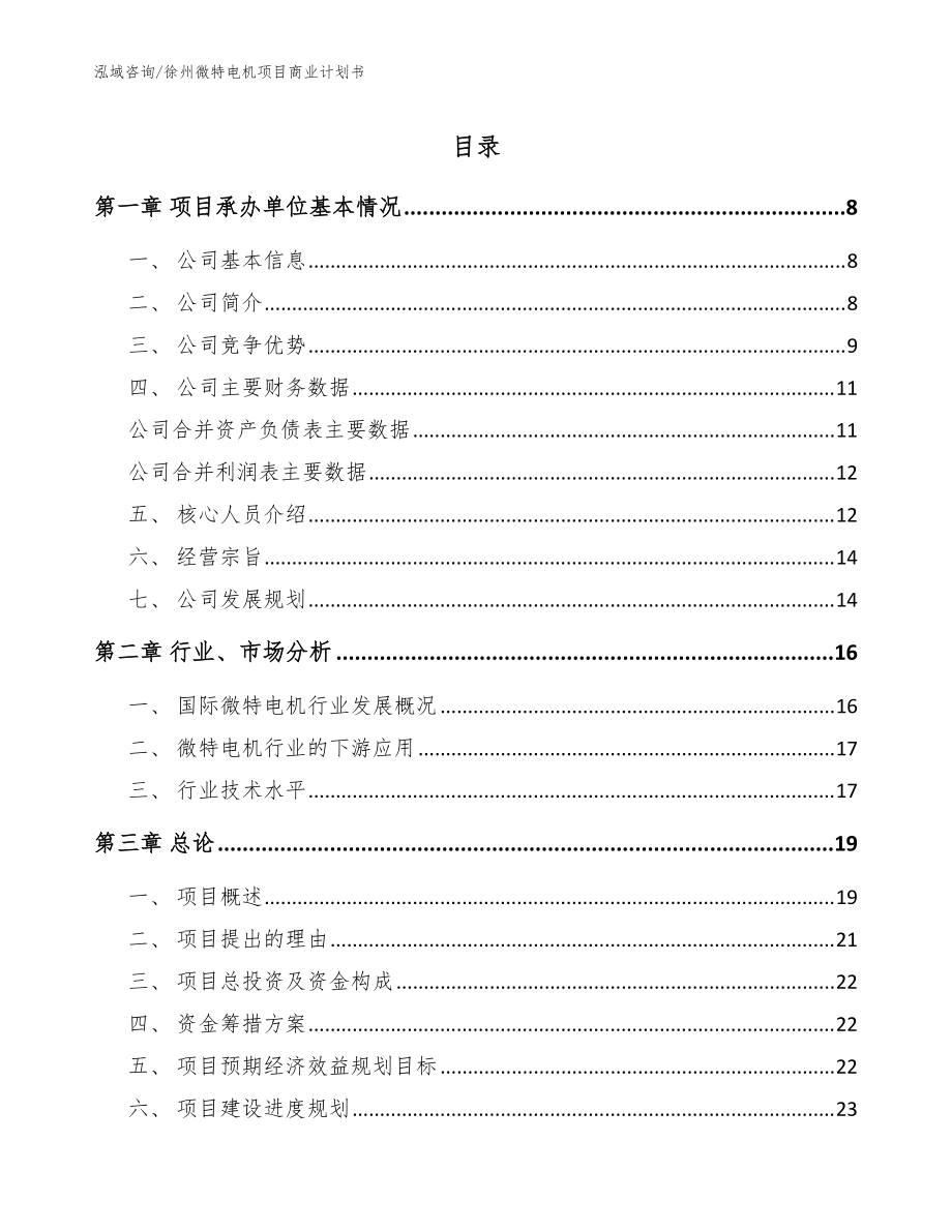 徐州微特电机项目商业计划书模板范文_第1页