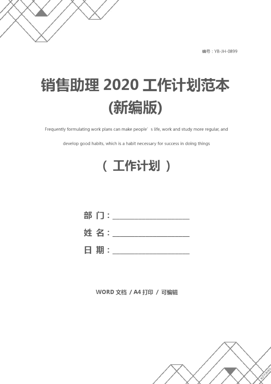 销售助理2020工作计划范本(新编版)_第1页
