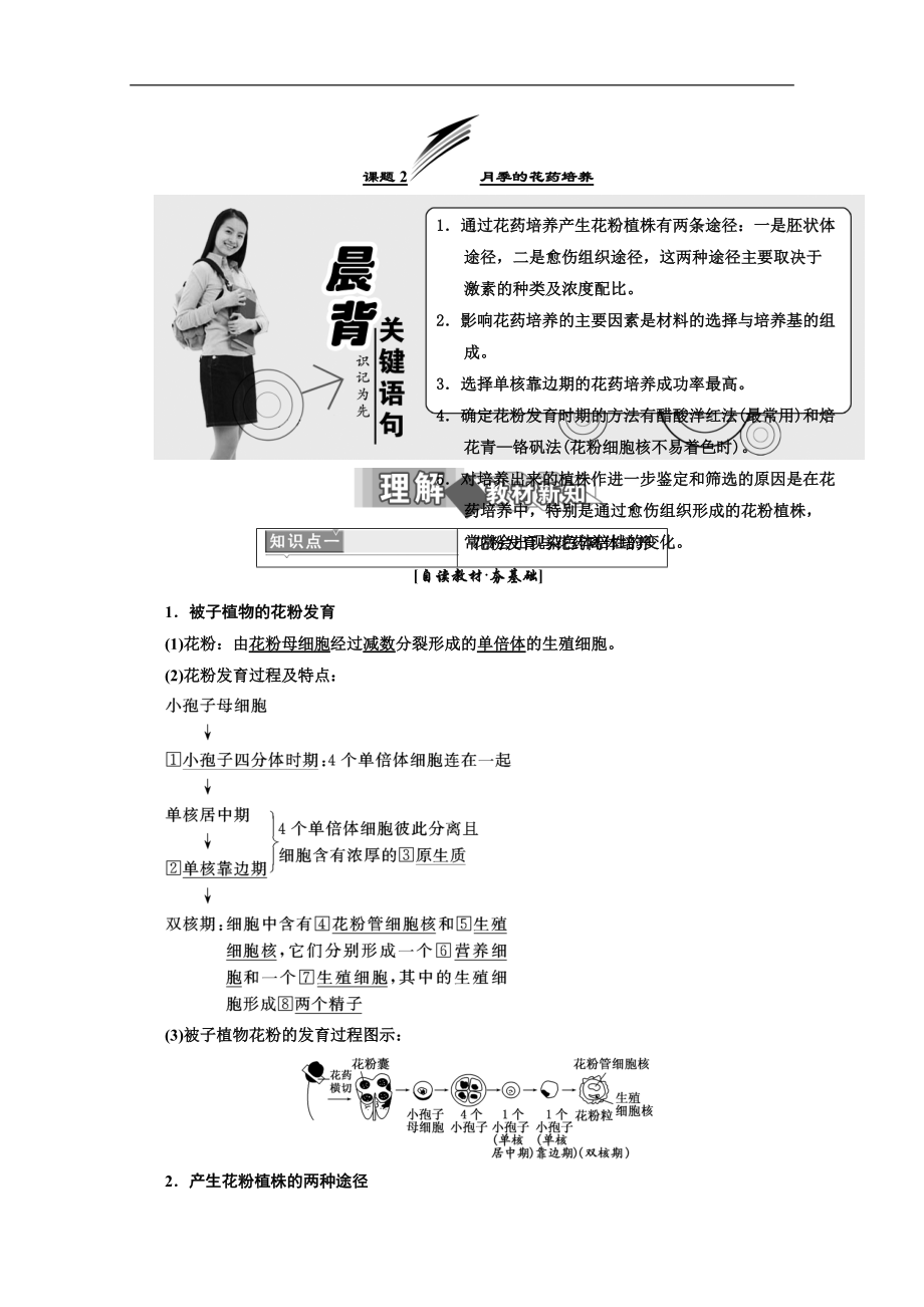 人教版高中生物選修一教材用書：專題3 植物的組織培養(yǎng)技術(shù) 課題2 月季的花藥培養(yǎng) Word版含答案_第1頁