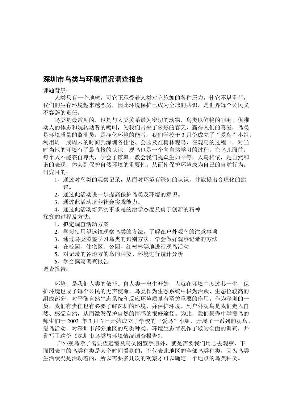 【调查报告】深圳市鸟类与环境情况调查报告Word档_第1页