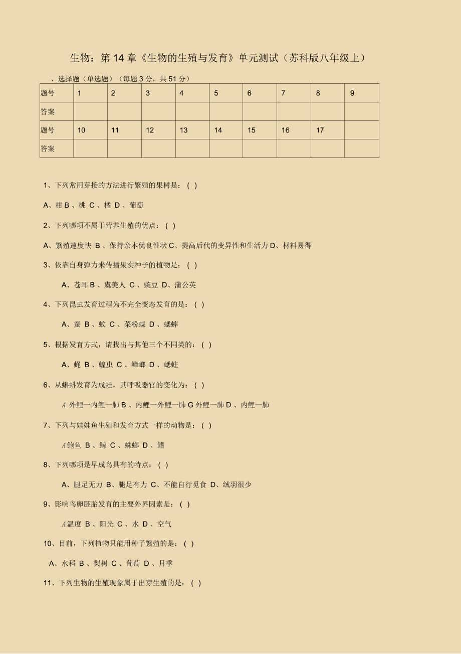 八年級生物上冊第14章《生物的生殖與發(fā)育》單元測試蘇科版_第1頁