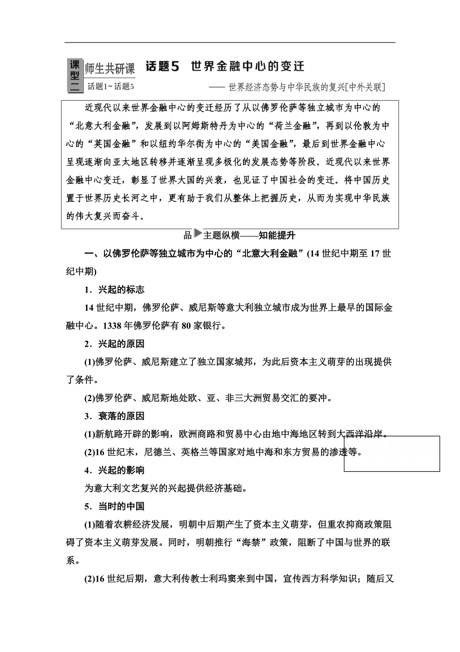 歷史二輪專題版教師用書(shū)：第1部分 模塊3 話題5 世界金融中心的變遷 Word版含解析_第1頁(yè)