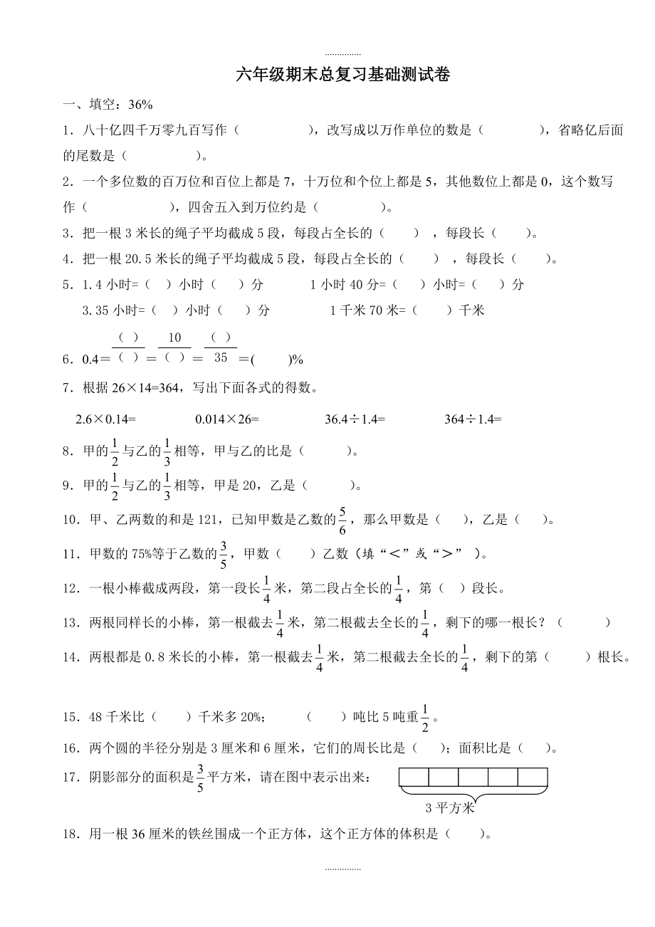 人教版六年级数学下册期末总复习基础测试卷_第1页