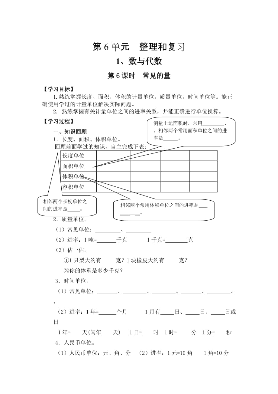 【人教版】六年級下冊數(shù)學(xué)導(dǎo)學(xué)案第6課時常見的量_第1頁