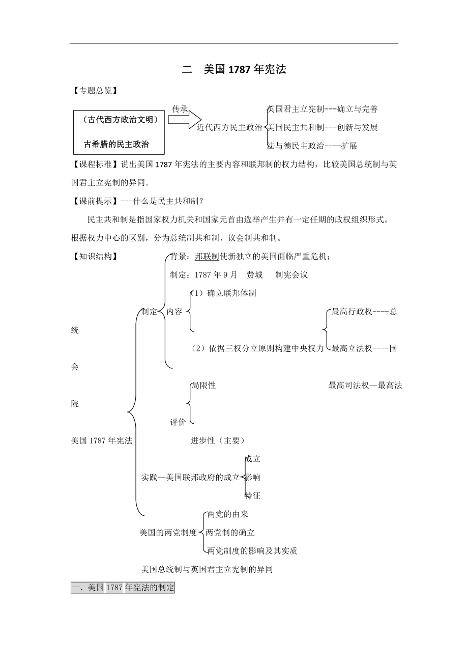 必修一全冊(cè)學(xué)案：二、美國(guó)1787年憲法 Word版含解析_第1頁(yè)