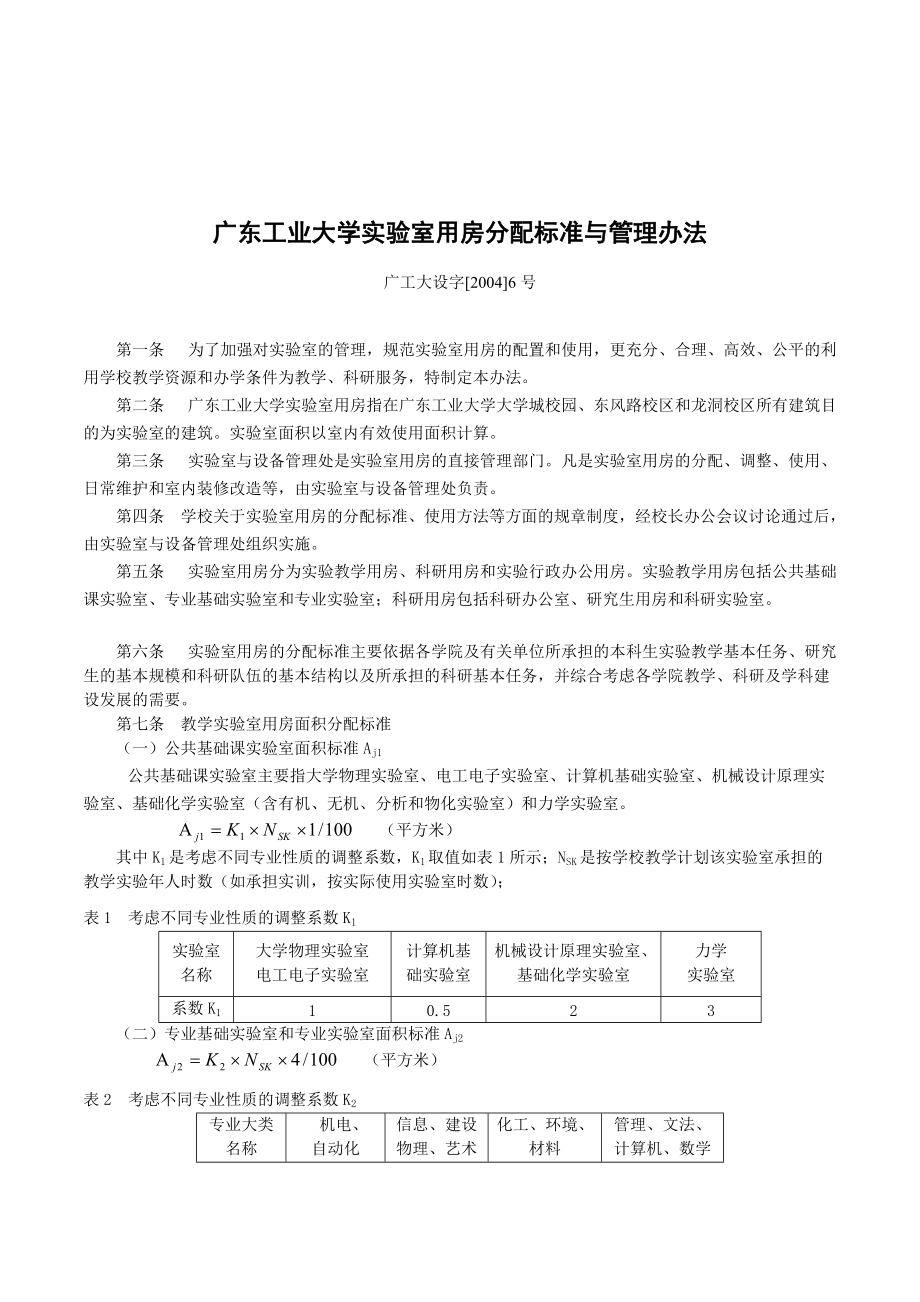 精品专题资料（2022-2023年收藏）广东工业大学实验室用房分配标准与管理办法_第1页