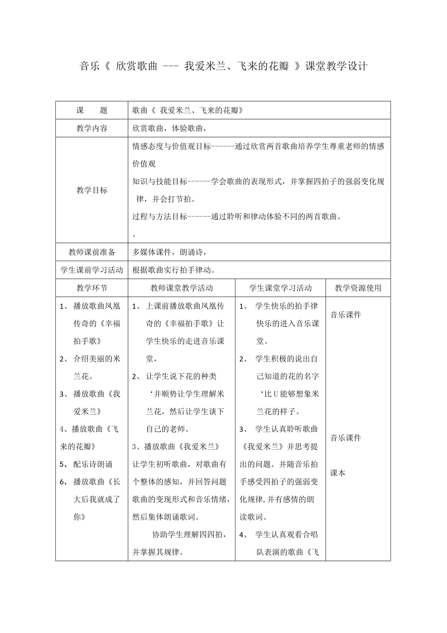 《我爱米兰、飞来的花瓣》课堂设计＿我爱米兰、飞来的花瓣＿音乐＿小学_第1页