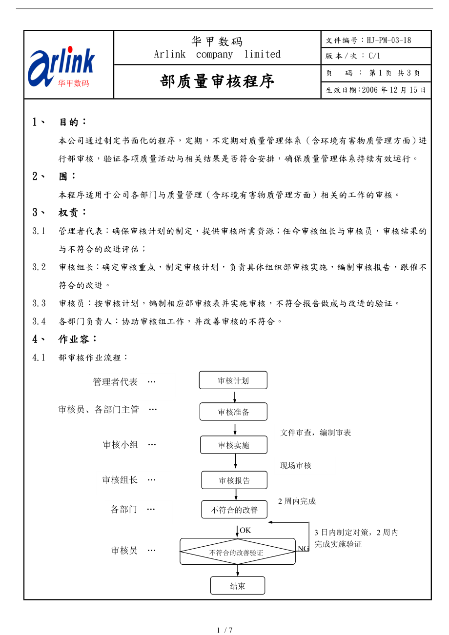 深圳某公司内部质量审核程序文件_第1页