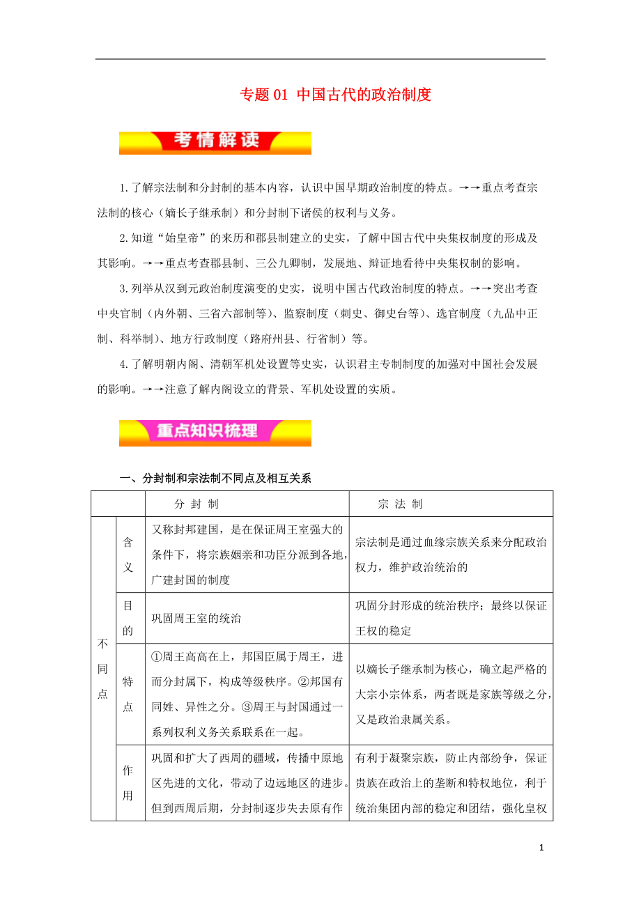高考历史二轮复习专题中国古代的政治制度教学案_第1页