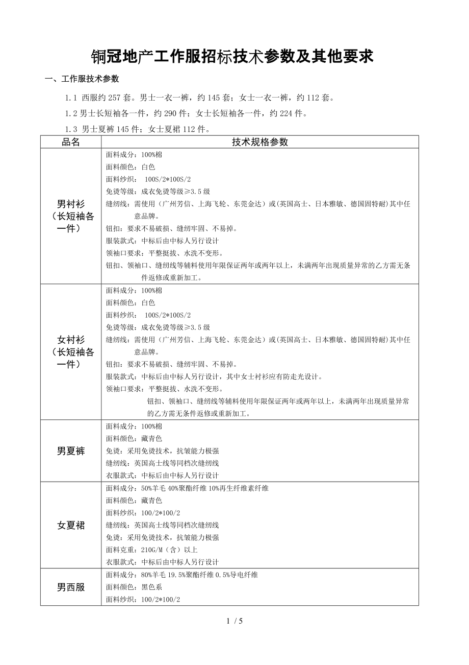 铜冠地产工作服招标技术参数及其他要求_第1页