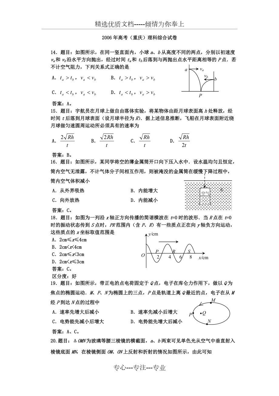 2006年重庆高考物理部分_第1页