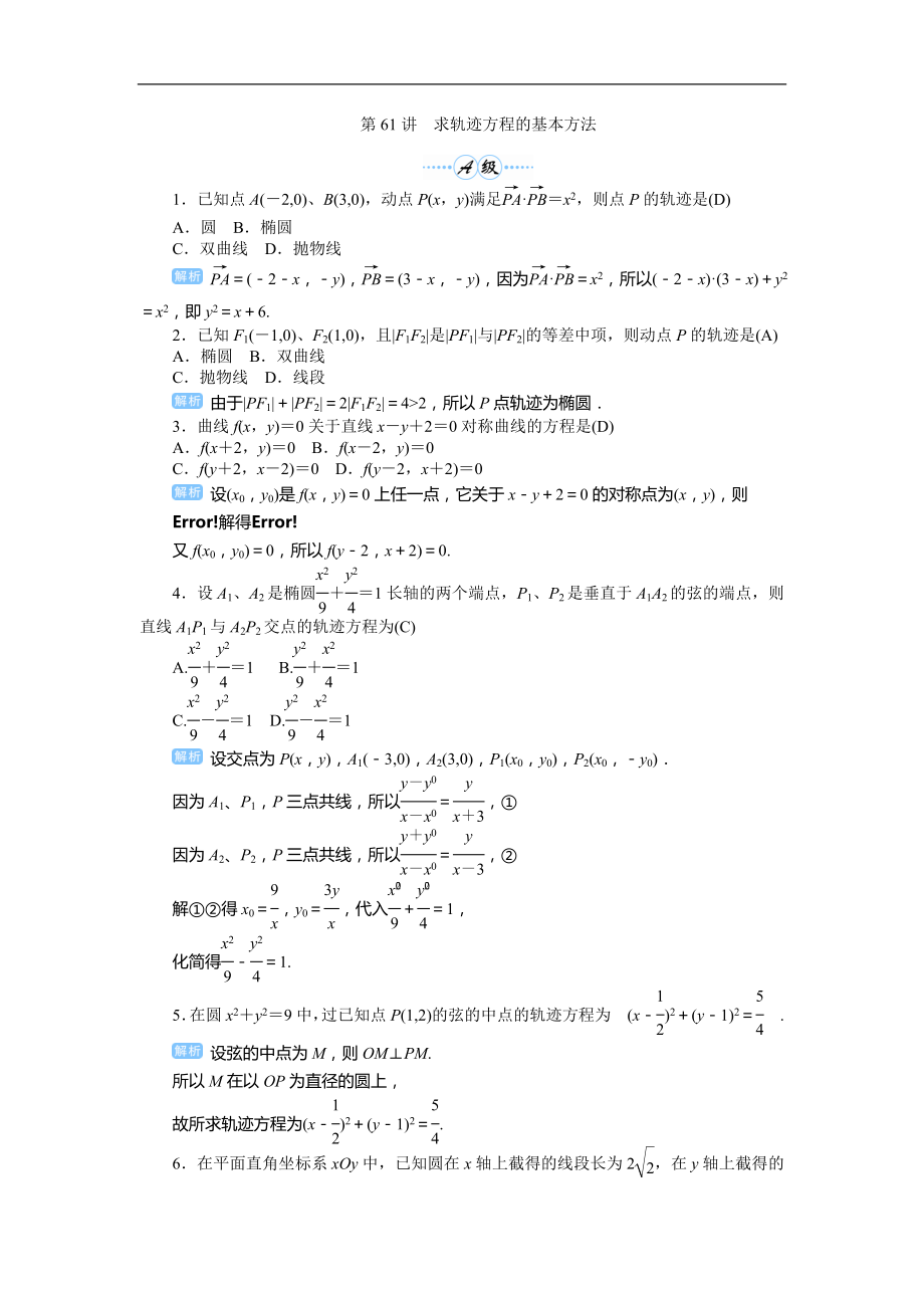 2019年高考数学总复习检测第61讲　求轨迹方程的基本方法_第1页