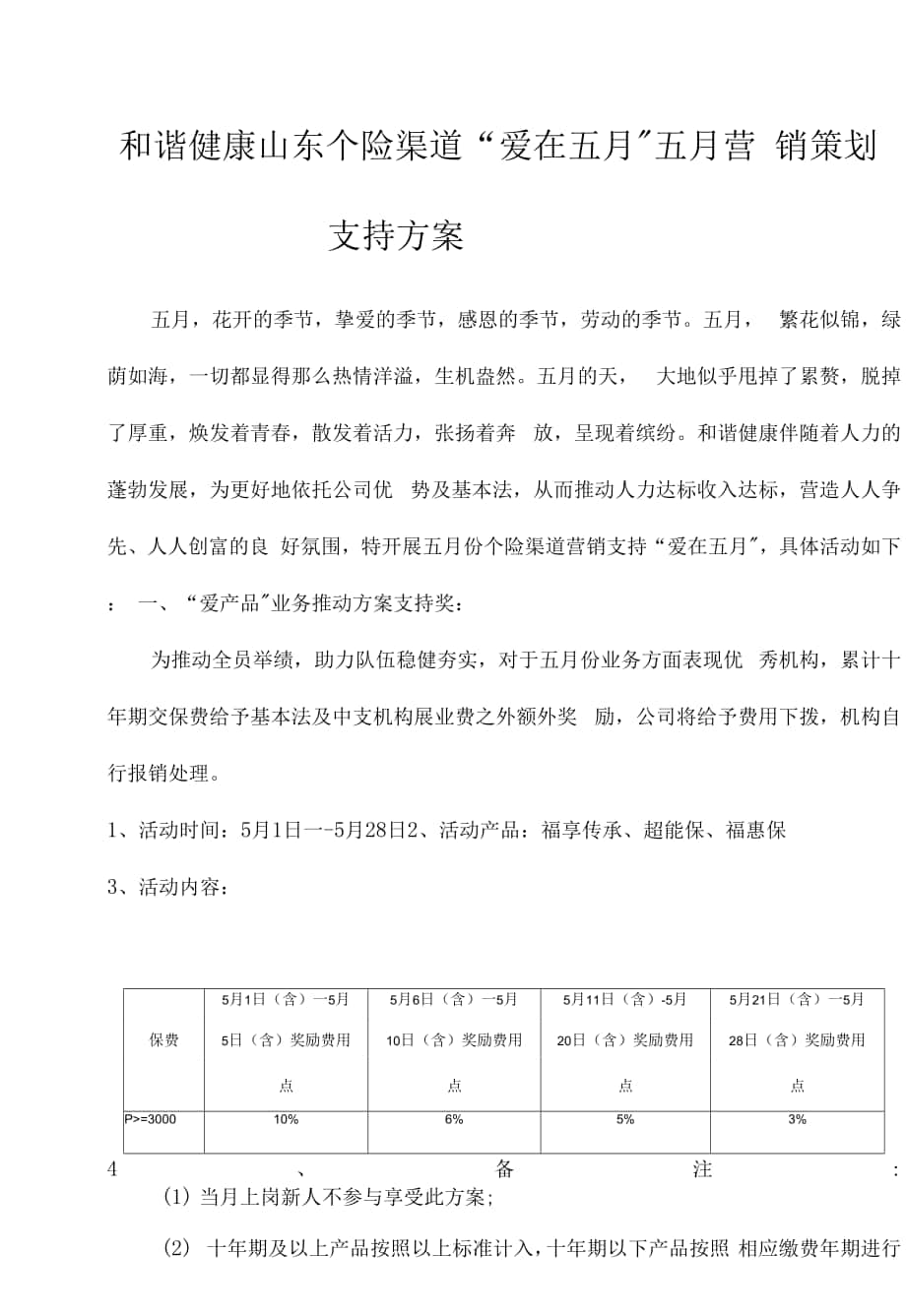 和谐健康山东个险渠道“爱在五月”营销推动支持.docx_第1页