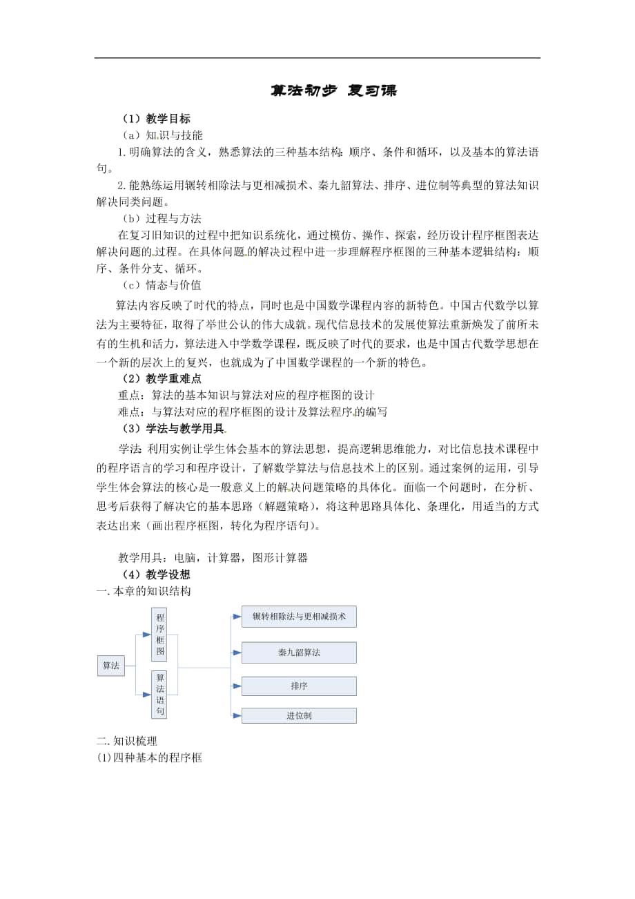 高中数学：《算法初步复习课》 教案 （新人教版必修3）_第1页