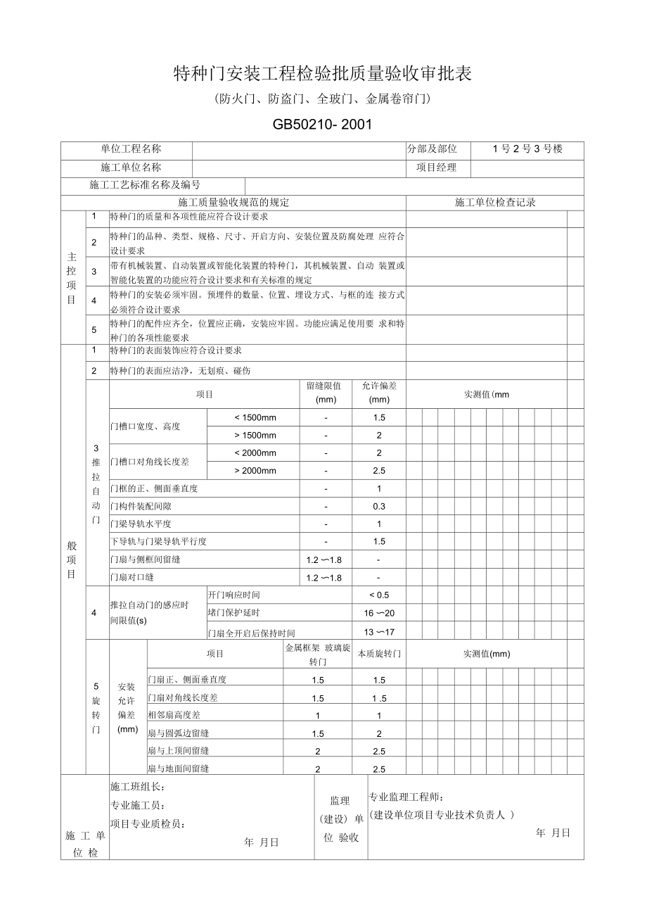 特种门安装工程检验批质量验收记录表_第1页