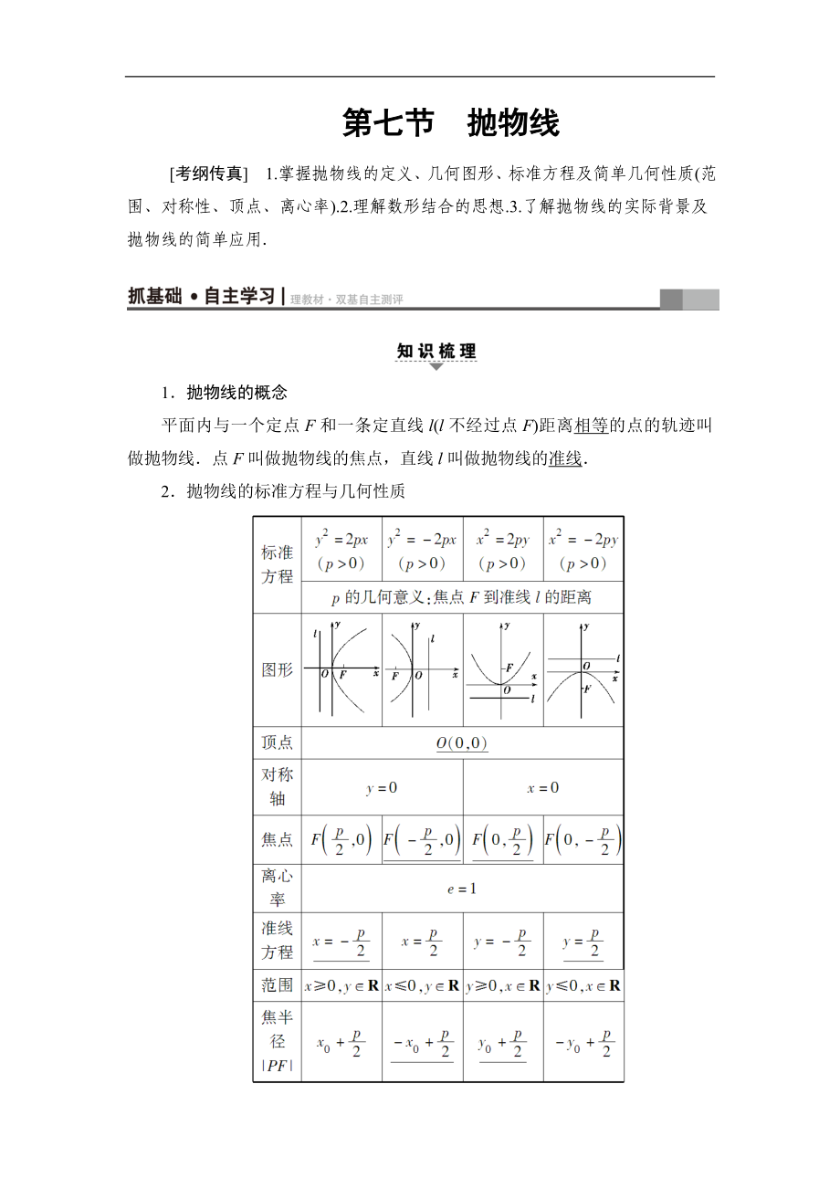 2018屆高三數(shù)學(xué)一輪復(fù)習(xí)： 第8章 第7節(jié) 拋物線_第1頁(yè)