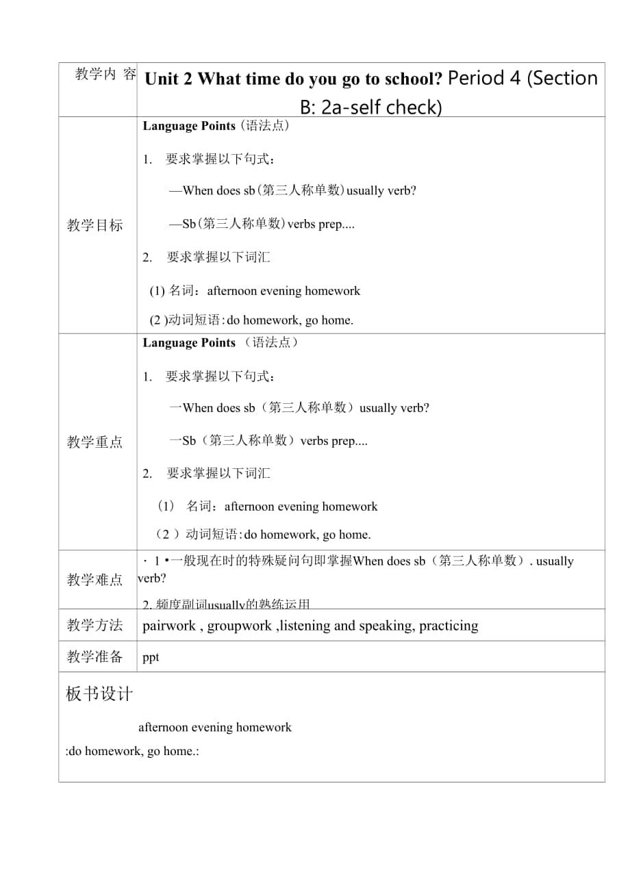 Unit2-Period 4 (Section B 2a-self check)教案- 人教新目標(biāo)七年級(jí)英語下冊(cè).docx_第1頁