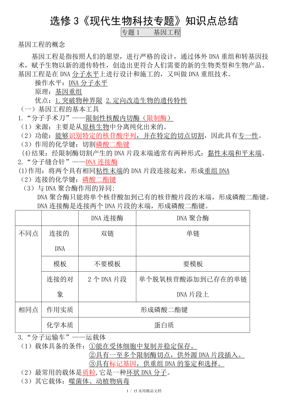 人教版高中生物选修三知识点总结详细经典实用_第1页