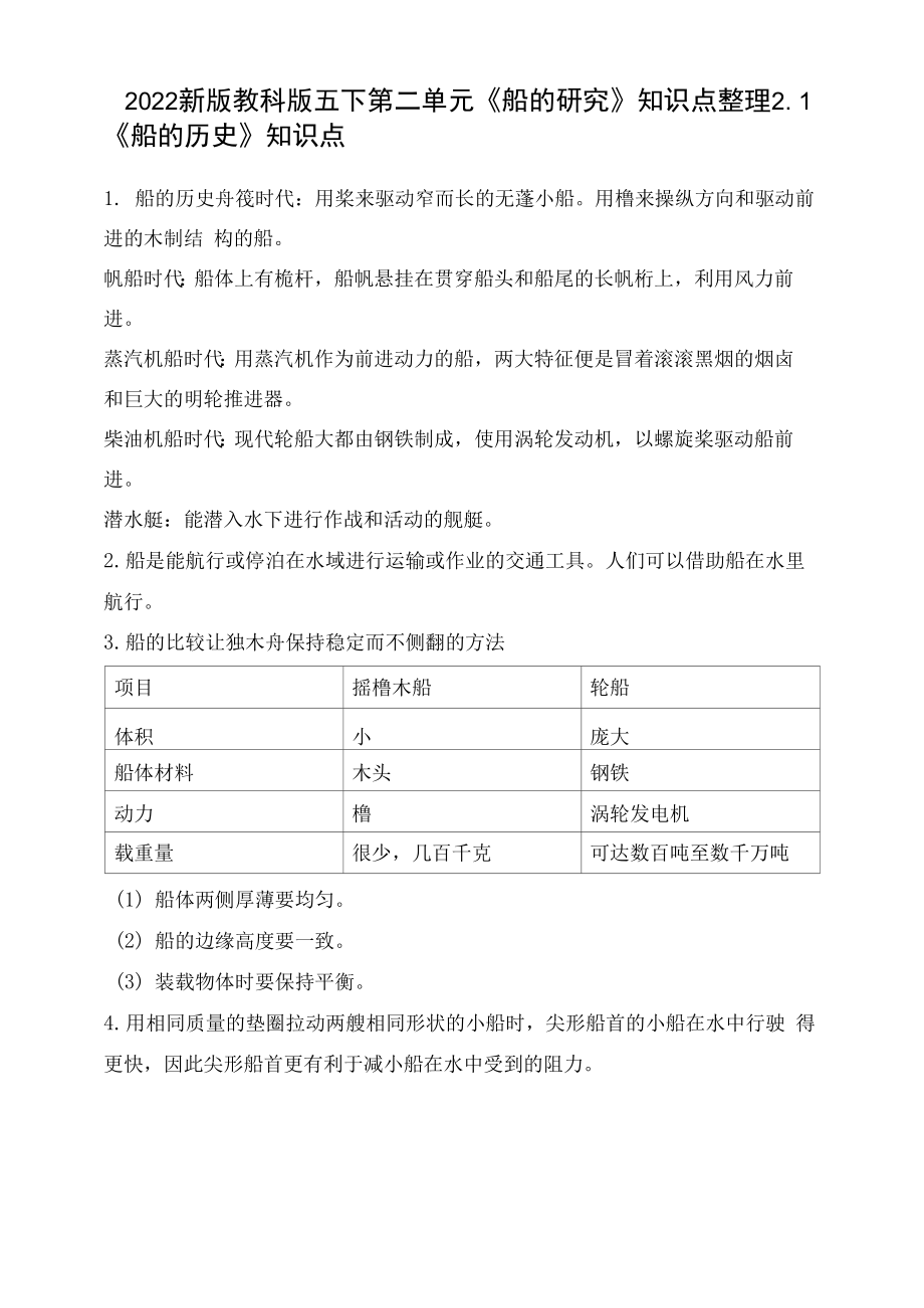 2022年新版教科版小學(xué)科學(xué)五年級(jí)下冊(cè)第二單元《船的研究》知識(shí)點(diǎn)整理.docx_第1頁