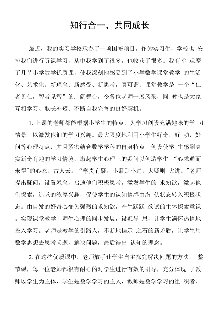 頂崗實習支教心得體會《知行合一共同成長》.docx_第1頁