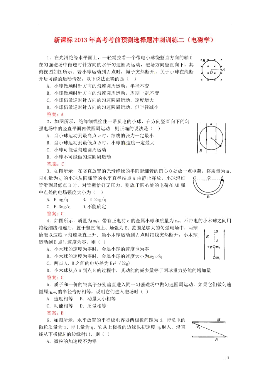 （新課標(biāo)）2013年高考物理 考前預(yù)測(cè)選擇題沖刺訓(xùn)練二 電磁學(xué)_第1頁(yè)