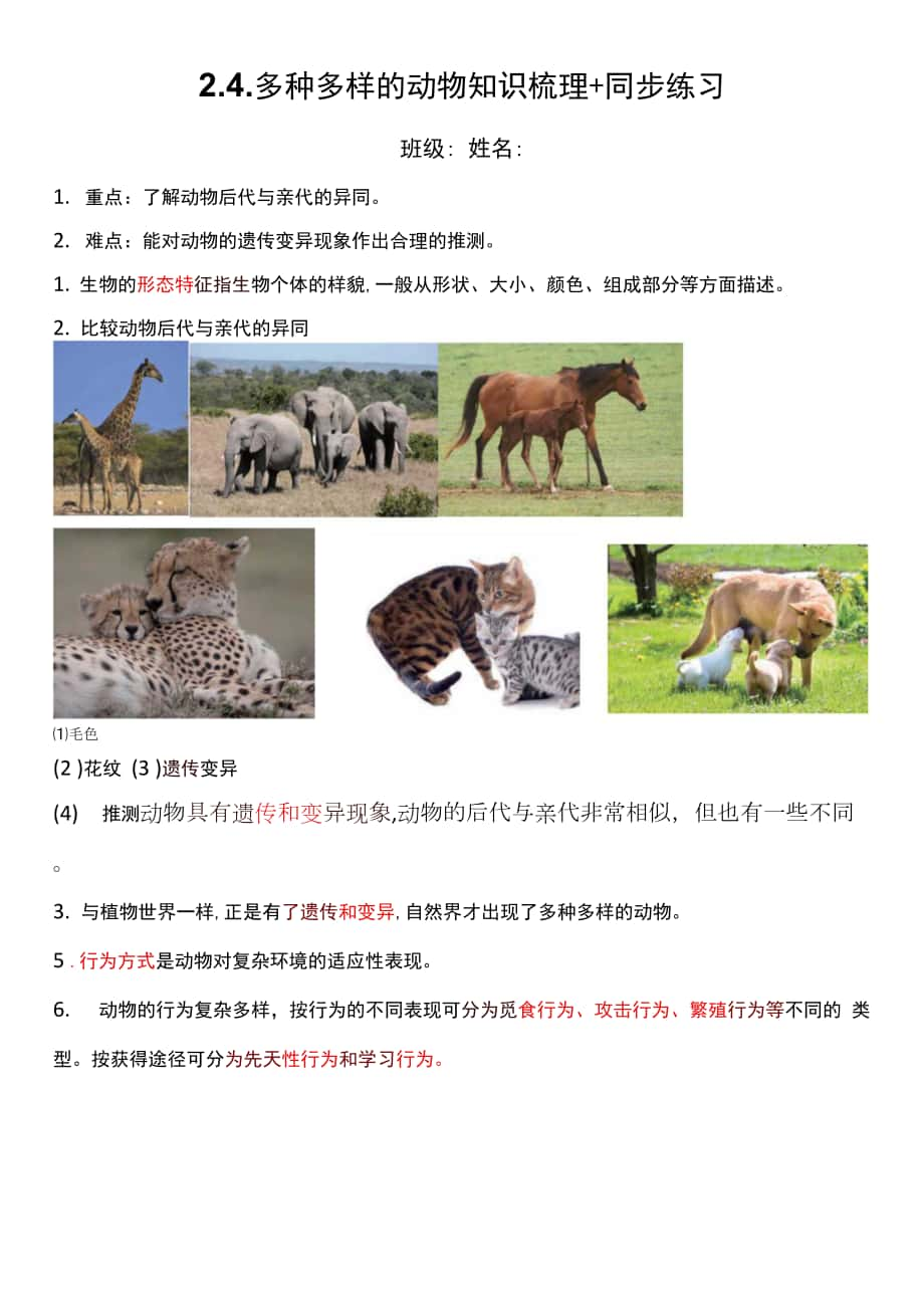 六年級科學(xué)下冊2-4《多種多樣的動物》知識梳理 同步練習(xí)（含答案）.docx_第1頁