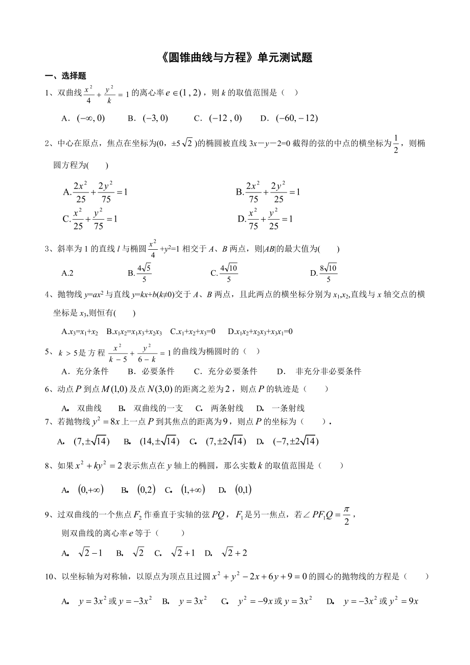 《圆锥曲线与方程》单元测试题_第1页